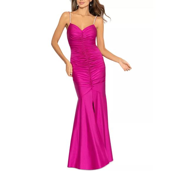 XSCAPE Rhinestone Strap Ruched Seam Sleeveless Gown Pink Formal Stretch US 2 NWT - Picture 2 of 16